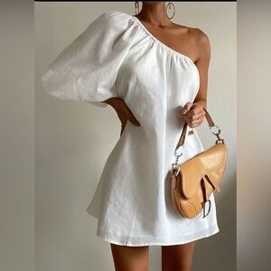 Commense Cotton Linen‎ Blend One Shoulder White Mini Dress Party Cocktail Size S